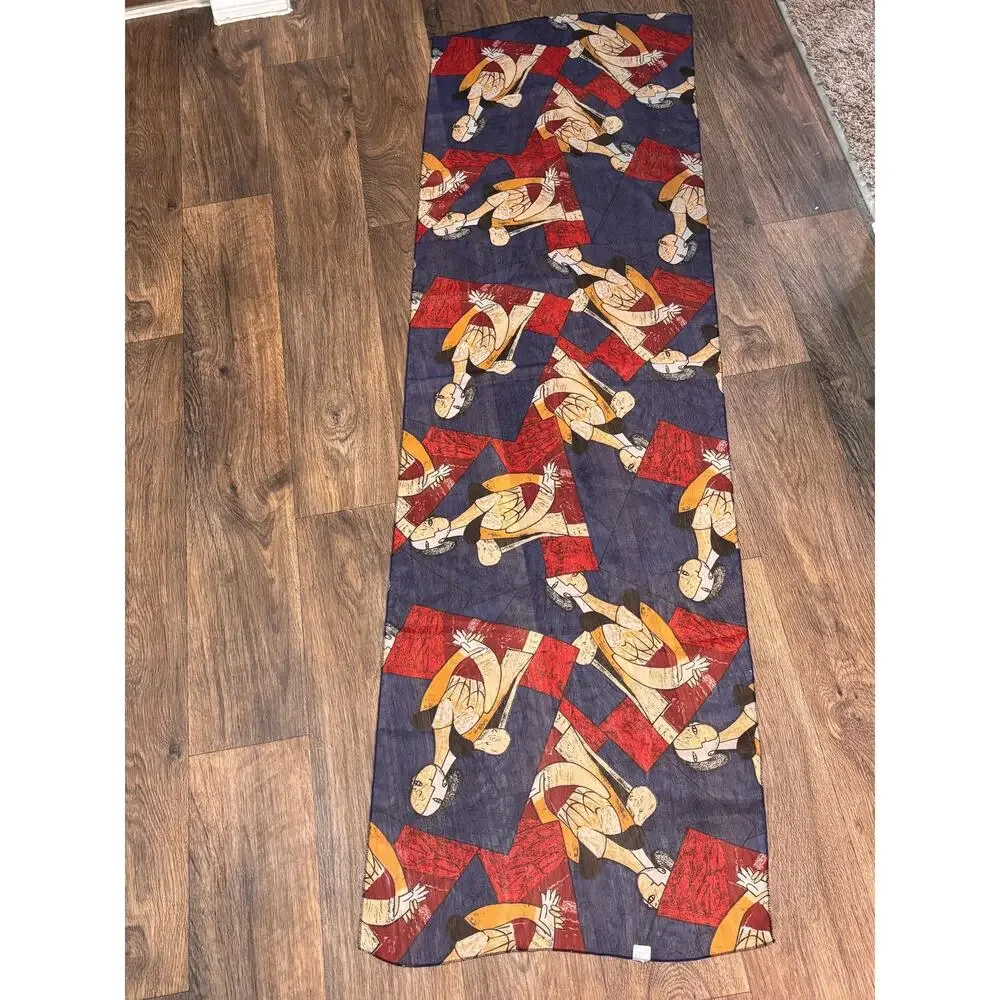 Vintage Moem Korea Sheer Scarf 19” X 64” Rectangular Blue Red Multi Cubist Art